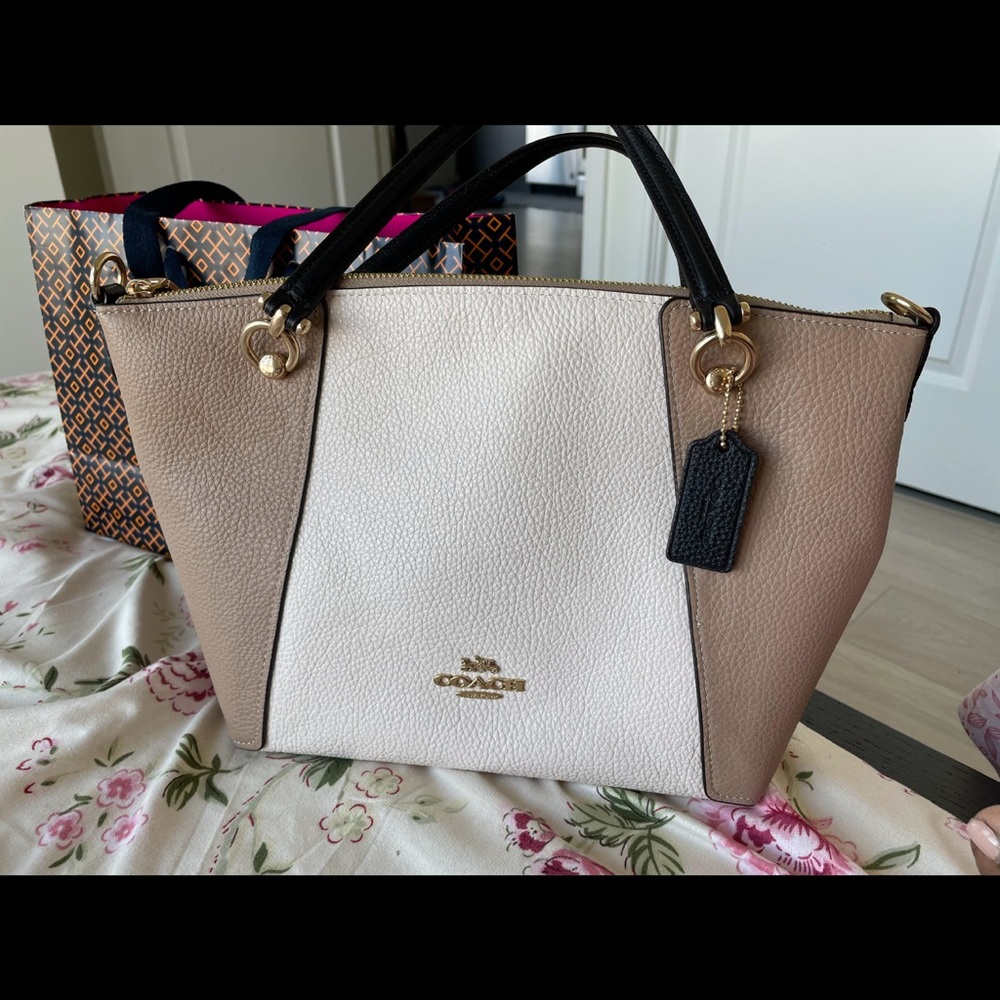 SOLD - Coach Kacey Satchel - Women's Tan and Cream Leather Tote Bag